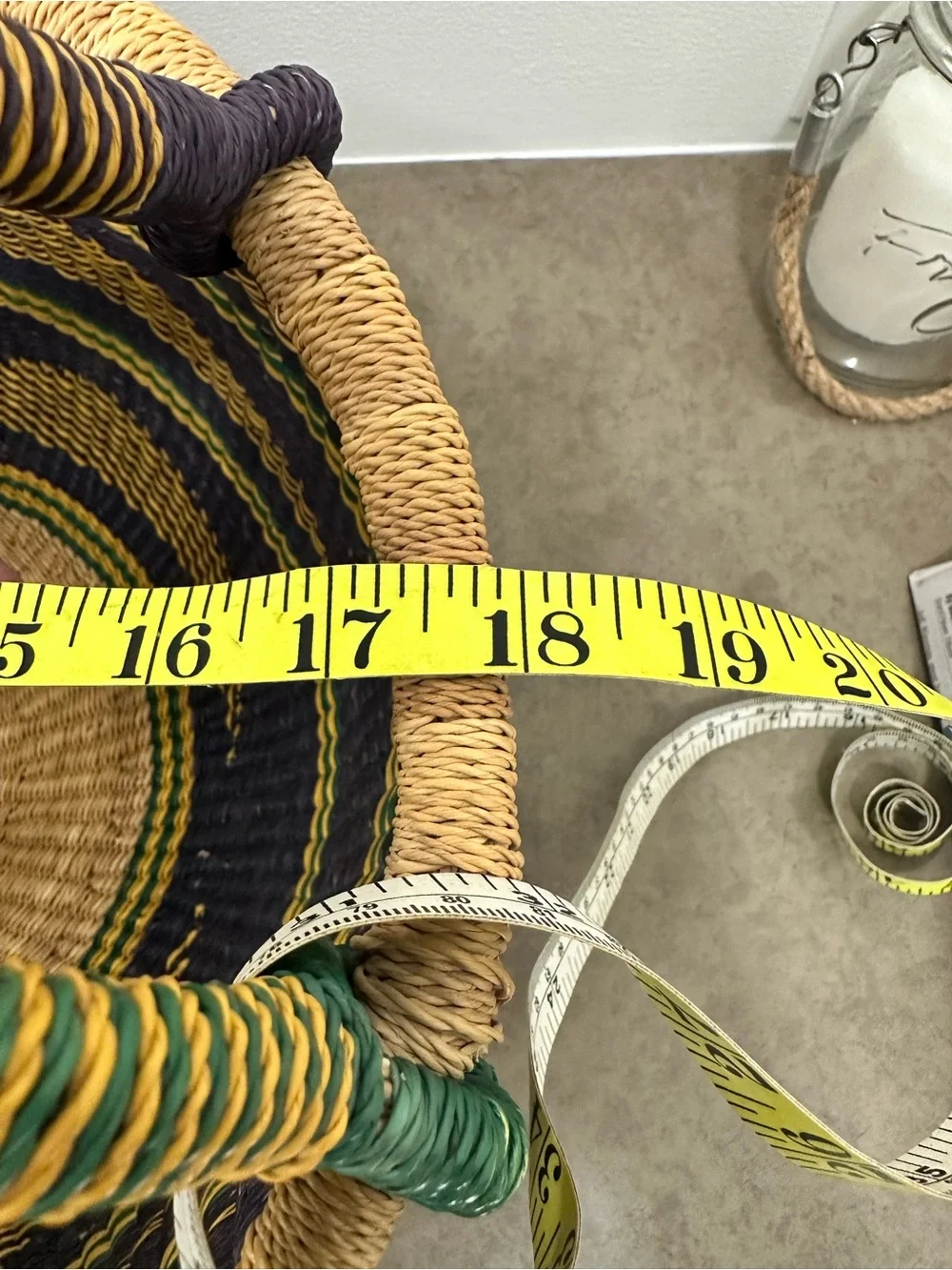 Large Bolga Basket Woven Striped Storage Basket Leather Handle Multicolor Ghana